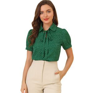 Dots Blouses Bow Tie Peter Pan Collar Chiffon Blouse Dark Green